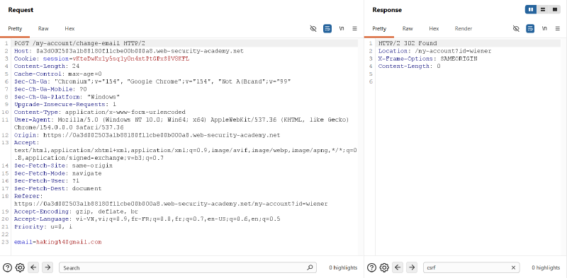Figure 1: Baseline POST request to change email intercepted in Burp Suite