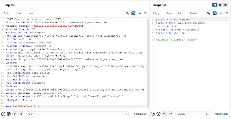 Figure 2: Server rejecting POST request missing CSRF token with 400 Bad Request