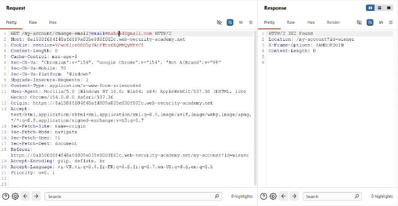 Figure 3: Converting request to GET and omitting token resulting in 302 Found