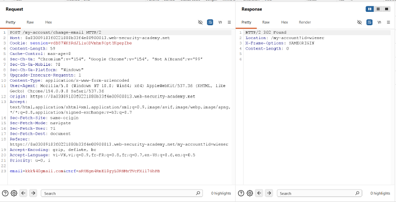 Figure 1: Baseline POST request containing legitimate CSRF token