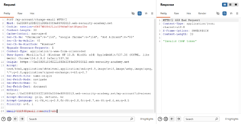Figure 2: Server actively rejecting tampered token with 400 Bad Request