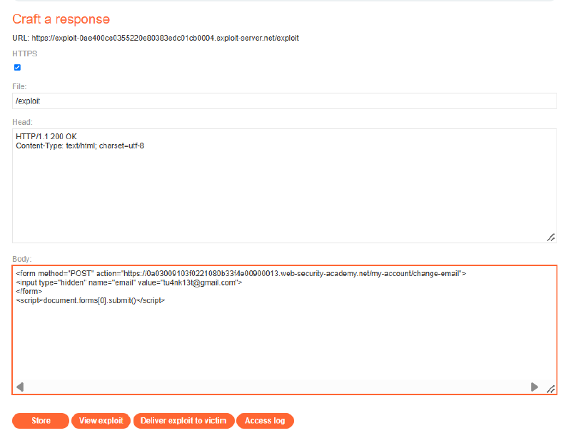 Figure 4: Exploit Server configuration containing weaponized form lacking CSRF token