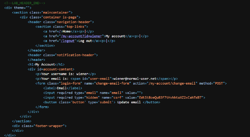 Figure 2: Inspecting Wiener’s HTML for CSRF token
