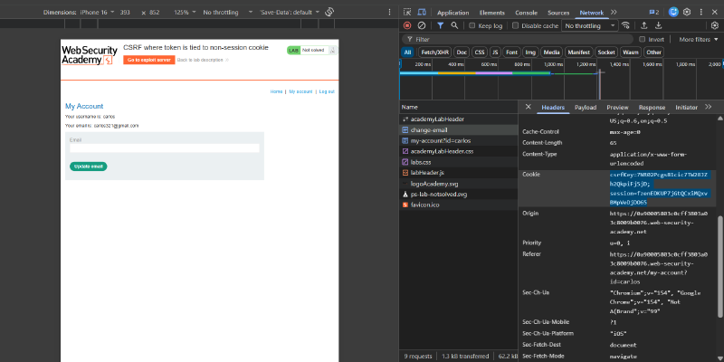 Figure 2: Carlos account management HTTP request headers in DevTools