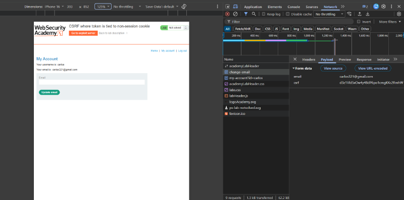 Figure 3: Carlos account form submission payload parameters in DevTools