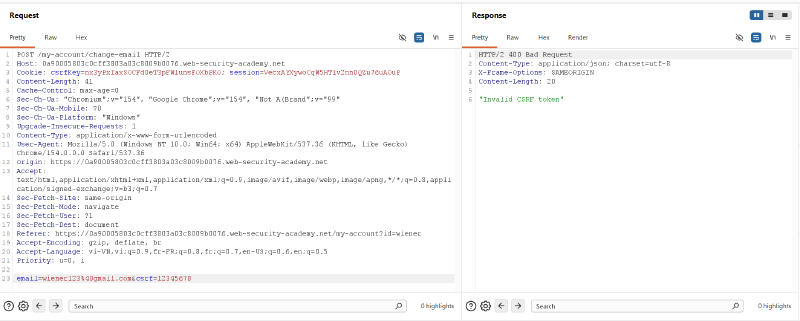 Figure 4: Server rejecting tampered CSRF token with 400 Bad Request