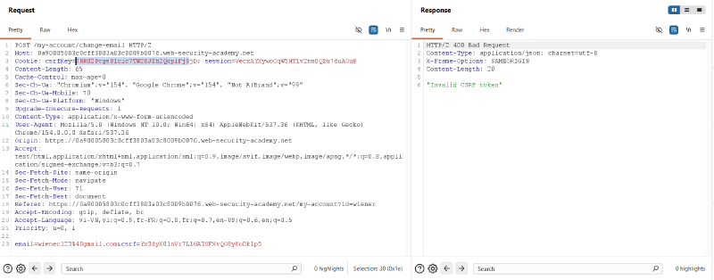 Figure 5: Server rejecting mismatched csrfKey and csrf token combination