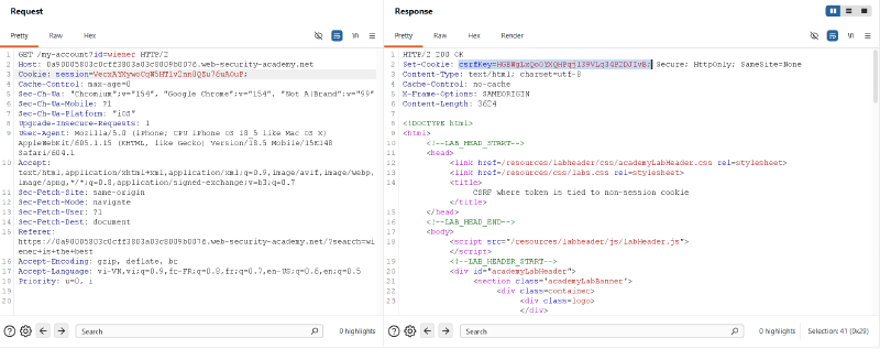 Figure 9: Harvesting a fresh csrfKey from the Set-Cookie response header