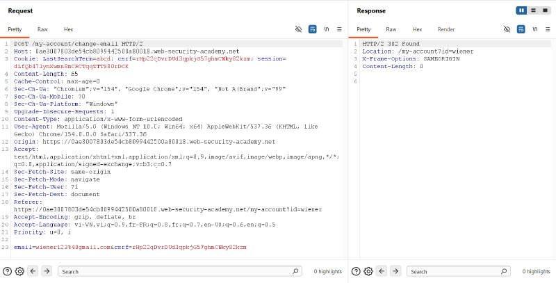 Figure 2: Baseline email change request showing duplicated csrf cookie and body parameter