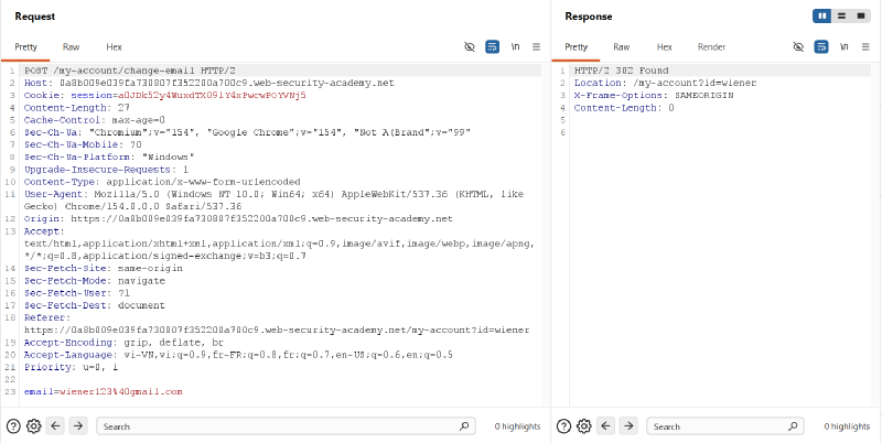 Figure 1: Baseline POST request to change email intercepted in Burp Suite