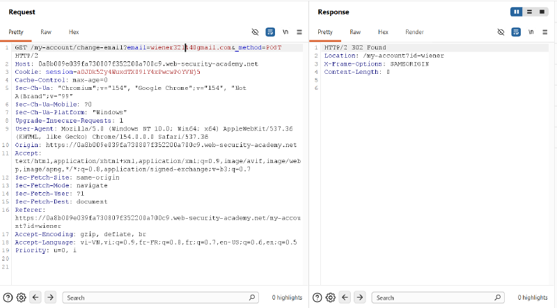 Figure 3: Appending _method=POST to GET request resulting in 302 Found