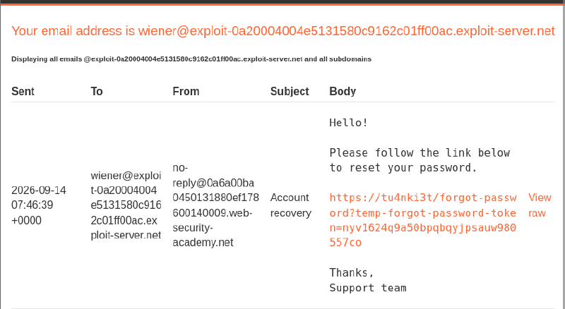 Figure 5: Delivered email reflecting the exact tu4nki3t string within the reset URL