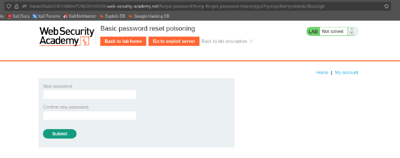 Figure 8: Submitting a new password for the carlos account using the valid token