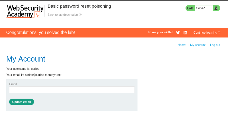 Figure 9: Successful authentication as carlos solving the challenge