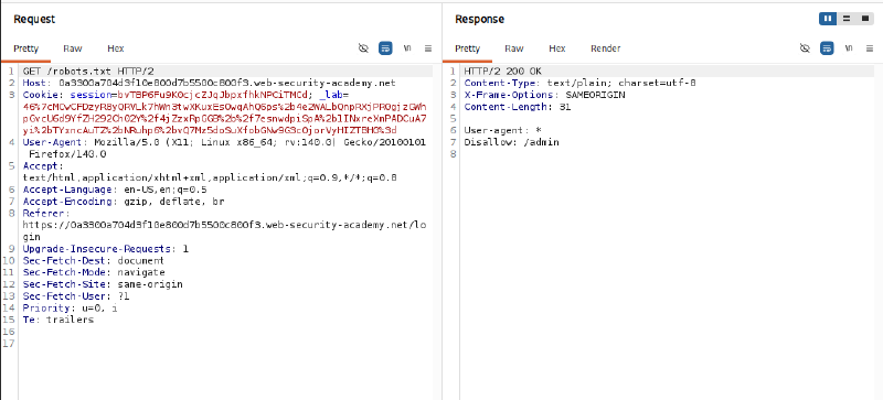 Figure 1: Inspecting robots.txt identifying the /admin path