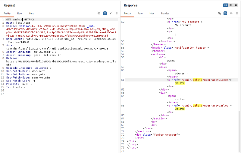 Figure 4: Administrative HTML structure revealing the user deletion endpoint for carlos