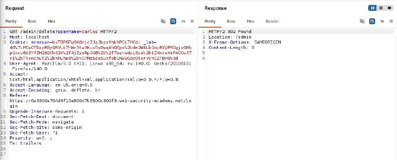 Figure 5: User deletion request for carlos returning 302 Found