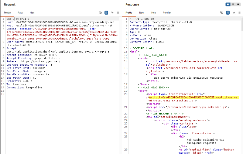 Figure 4: Poisoning the live homepage cache using the secondary Exploit Server Host header
