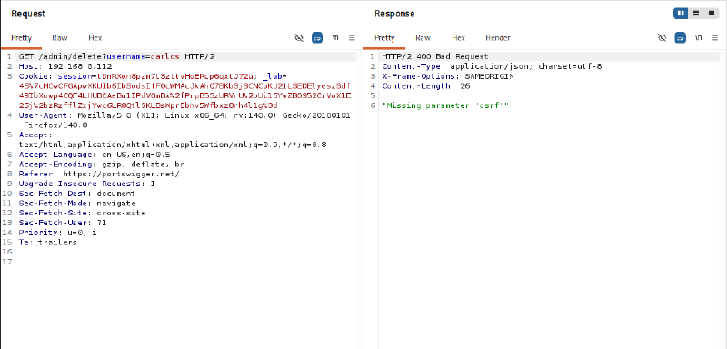 Figure 7: GET request rejected due to missing csrf parameter