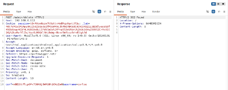 Figure 9: Successful POST deletion request for user carlos returning 302 Found