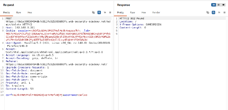 Figure 4: POST request deleting carlos account succeeds with 302 Found response