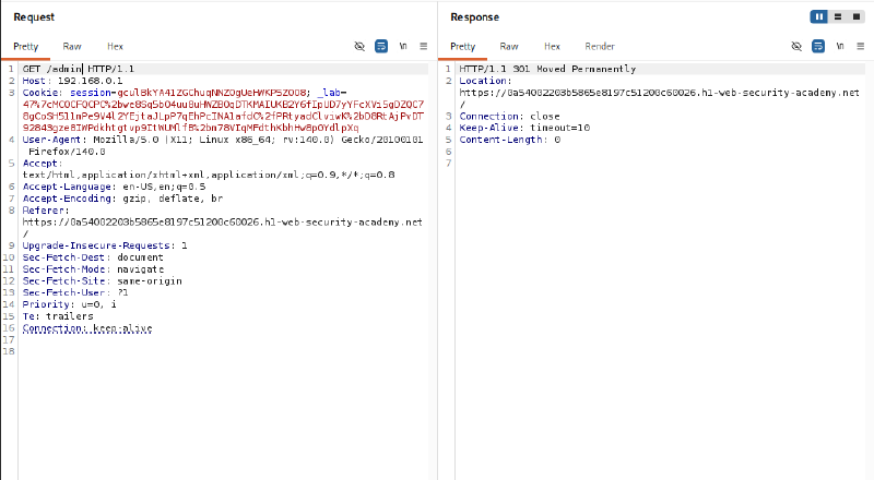 Figure 2: Standalone /admin request with internal Host blocked and redirected with 301