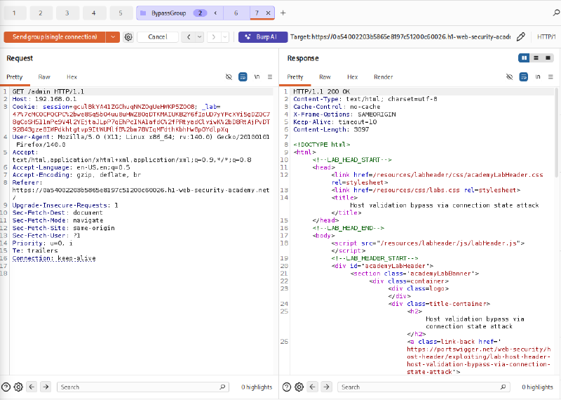Figure 4: Host header validation bypassed successfully, receiving 200 OK for internal admin panel