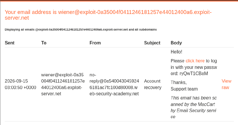 Figure 2: Received email containing temporary password and login link
