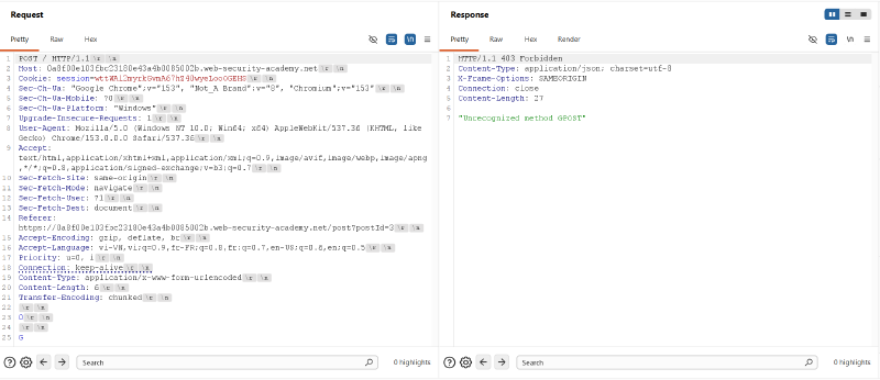 Figure 3: 403 Forbidden response with “Unrecognized method GPOST” confirming successful request smuggling