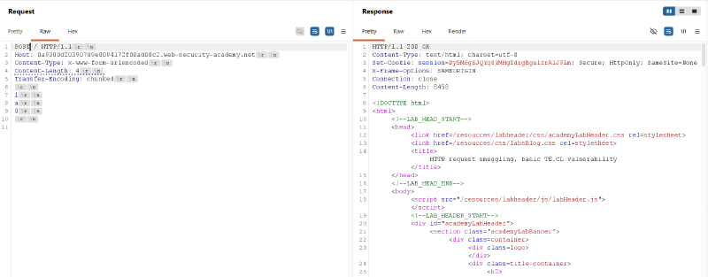 Figure 1: Sending initial probing request with TE.CL configuration and receiving a 200 OK response