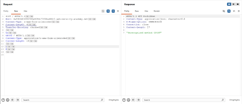 Figure 4: Successfully triggering the smuggled GPOST request with a 403 Forbidden response