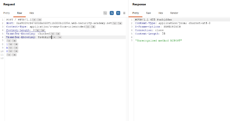 Figure 2: 403 Forbidden response with “Unrecognized method A0POST” confirming fallback to TE.CL