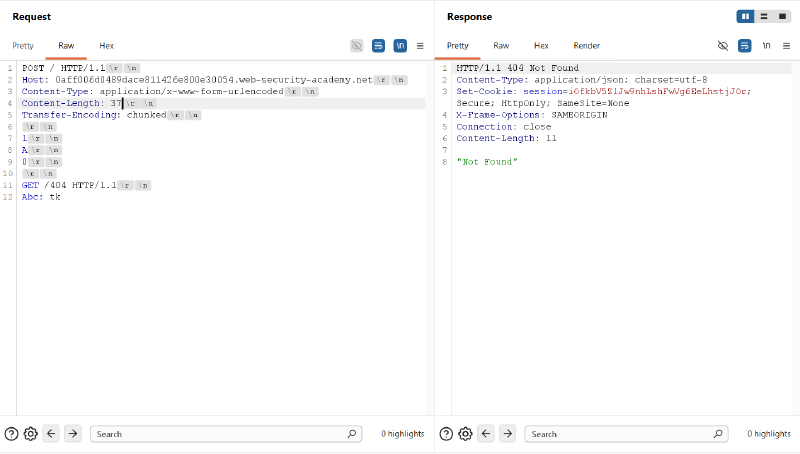Figure 3: Subsequent request triggers differential HTTP/1.1 404 Not Found response