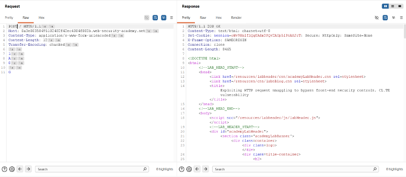 Figure 2: Initial CL.TE probe request returning HTTP/1.1 200 OK