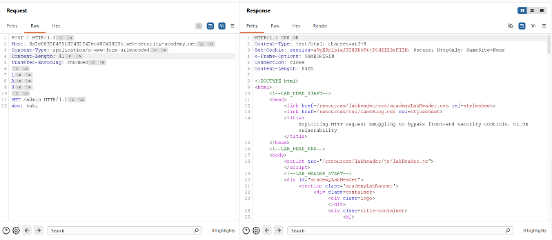 Figure 4: Smuggling GET /admin without Host header returning initial 200 OK