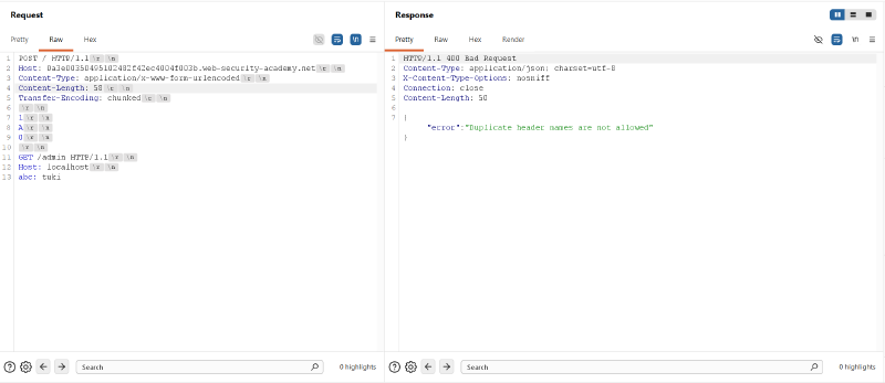 Figure 7: Back-end rejects request due to duplicate Host headers