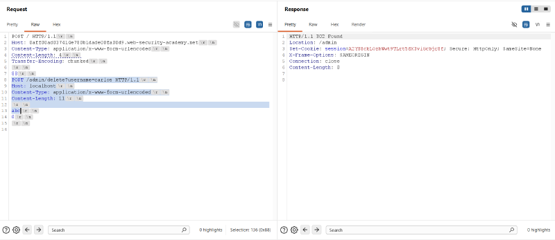 Figure 5: Second transmission executing the deletion payload and returning HTTP/1.1 302 Found