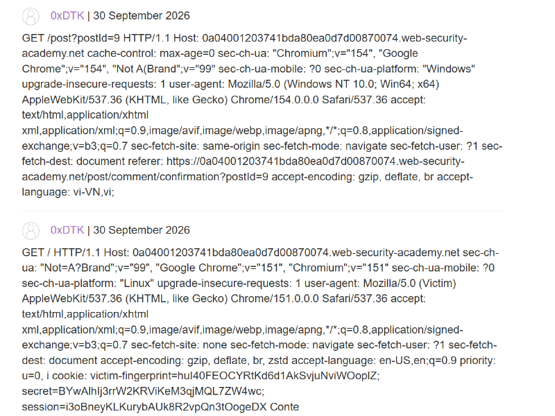Figure 6: Blog comments displaying captured HTTP requests, exposing the administrator’s session cookie