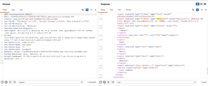 Figure 1: Identification of unencoded User-Agent reflection in the hidden comment form field