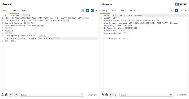 Figure 4: Back-end rejects POST method with HTTP 405 Method Not Allowed and Allow: GET header